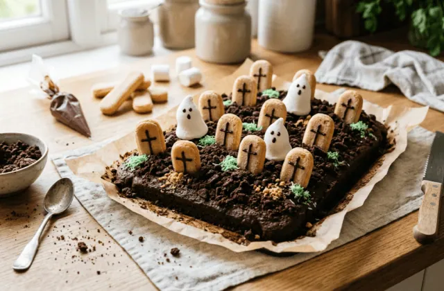 Gâteau cimetière au chocolat tout juste décoré sur son papier cuisson, cornet de chocolat et biscuits émiettés à côté