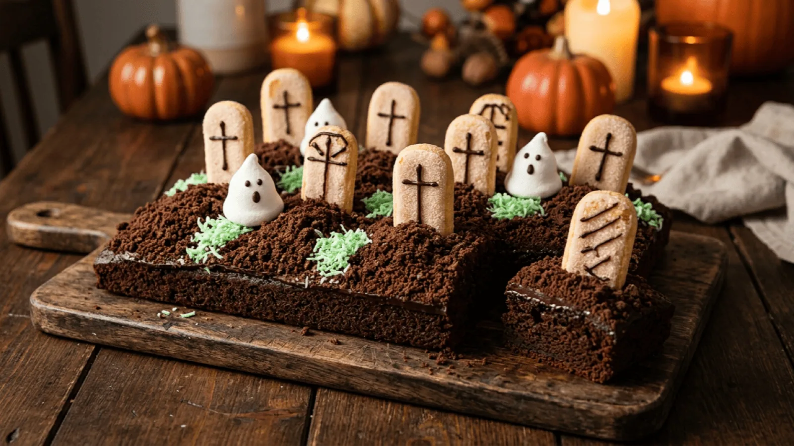 Gâteau cimetière au chocolat : terre de biscuits au cacao, pierres tombales en biscuits à la cuillère, fantômes en guimauve et herbe de coco verte