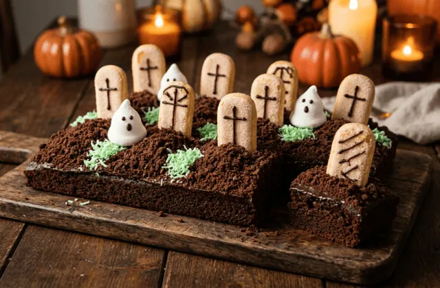Gâteau cimetière au chocolat : terre de biscuits au cacao, pierres tombales en biscuits à la cuillère, fantômes en guimauve et herbe de coco verte