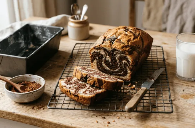 Gâteau marbré moelleux démoulé sur une grille, tranches montrant les marbrures vanille-chocolat, verre de lait
