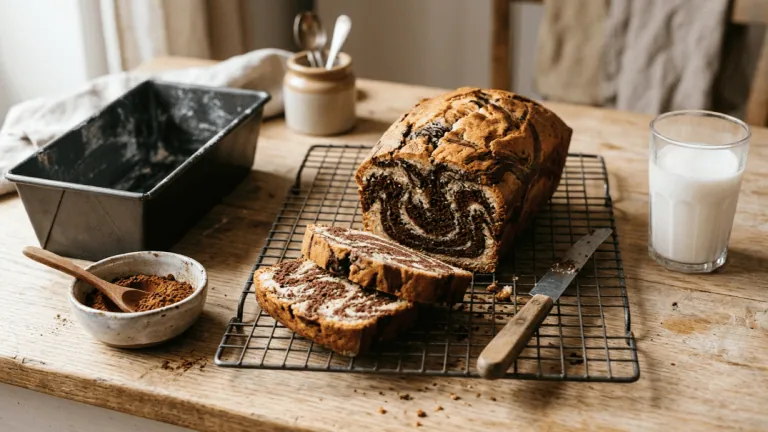 Gâteau marbré moelleux démoulé sur une grille, tranches montrant les marbrures vanille-chocolat, verre de lait