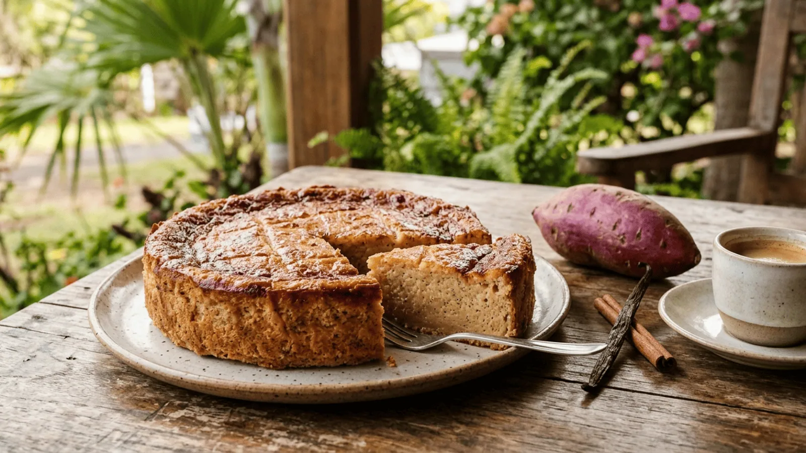 Gâteau patate réunionnais à la croûte caramélisée et à la mie dense et fondante, gousse de vanille, cannelle, patate douce et café
