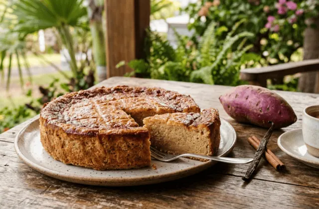 Gâteau patate réunionnais à la croûte caramélisée et à la mie dense et fondante, gousse de vanille, cannelle, patate douce et café