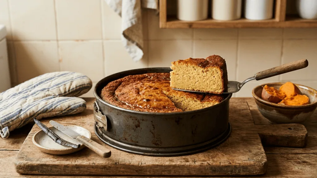 Gâteau patate maison à la sortie du four dans son moule, part soulevée à la pelle, patates douces cuites à côté