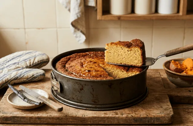 Gâteau patate maison à la sortie du four dans son moule, part soulevée à la pelle, patates douces cuites à côté