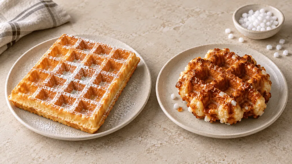 Comparaison entre une gaufre classique rectangulaire et une gaufre de Liège caramélisée