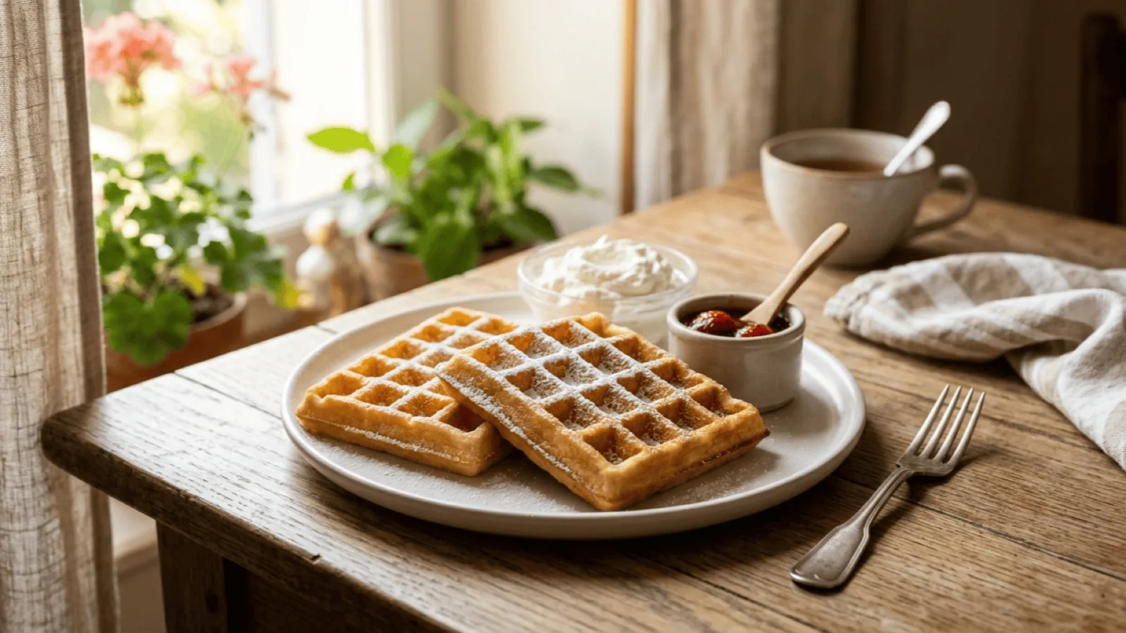 Gaufres maison dorées et croustillantes poudrées de sucre glace, avec chantilly et confiture