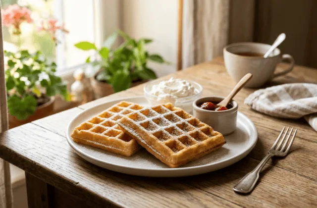 Gaufres maison dorées et croustillantes poudrées de sucre glace, avec chantilly et confiture