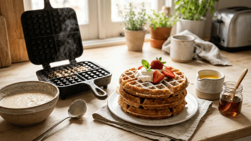 Gaufres maison croustillantes empilées, sucre glace, chantilly et fraises, gaufrier en fonte ouvert et pâte à côté