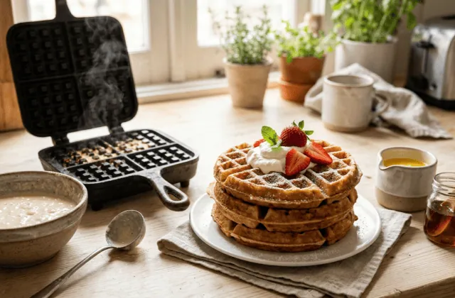 Gaufres maison croustillantes empilées, sucre glace, chantilly et fraises, gaufrier en fonte ouvert et pâte à côté