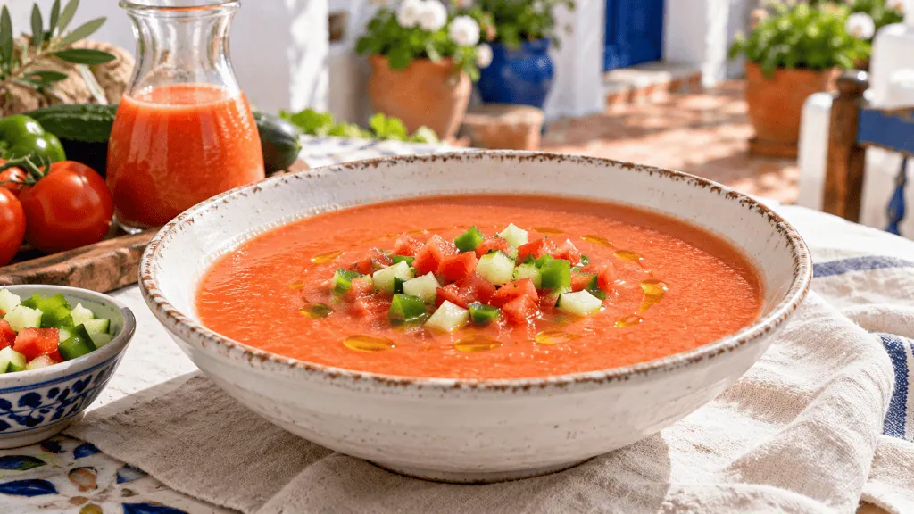 Gazpacho andalou traditionnel servi très frais dans un bol