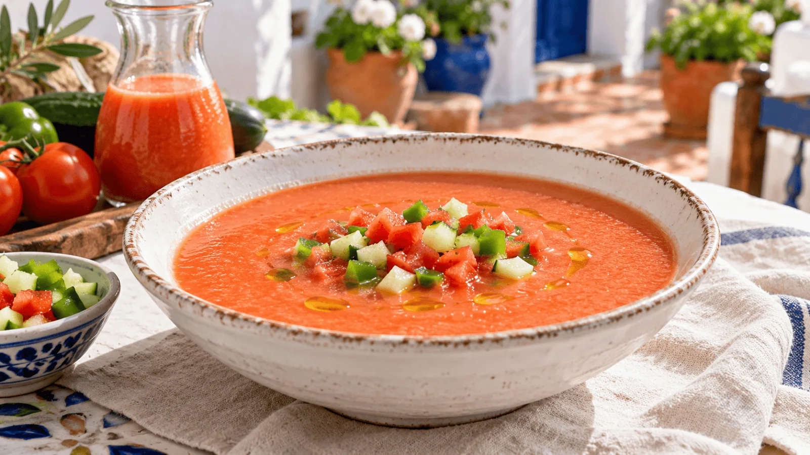 Gazpacho andalou traditionnel servi très frais dans un bol