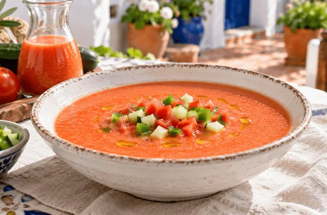 Gazpacho andalou traditionnel servi très frais dans un bol
