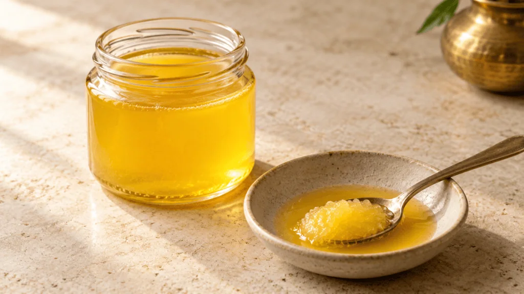 Ghee doré en bocal et dans une coupelle
