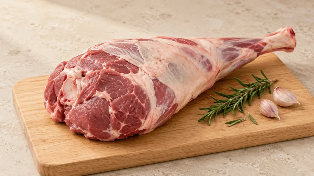 Gigot d’agneau cru entier avec romarin et ail