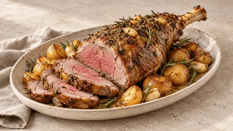 Gigot d’agneau rôti au romarin avec pommes de terre