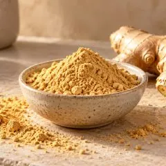 Gingembre moulu dans un bol avec racine fraîche