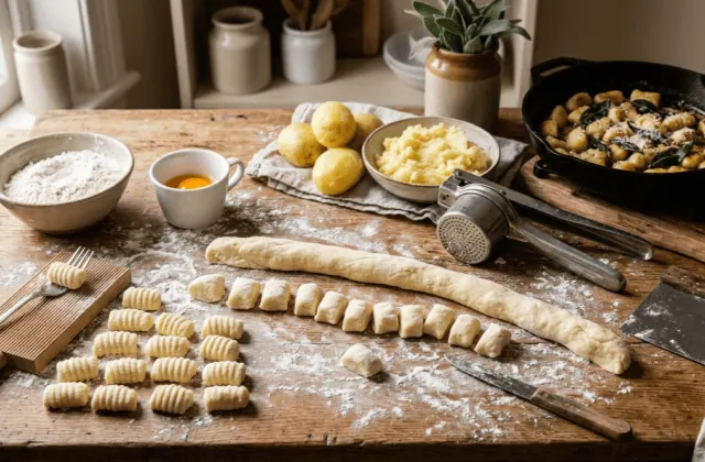 Gnocchis maison à la pomme de terre façonnés sur planche farinée, presse-purée, et gnocchis poêlés au beurre et à la sauge