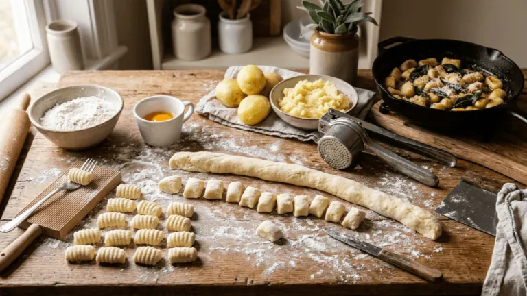 Gnocchis maison à la pomme de terre façonnés sur planche farinée, presse-purée, et gnocchis poêlés au beurre et à la sauge
