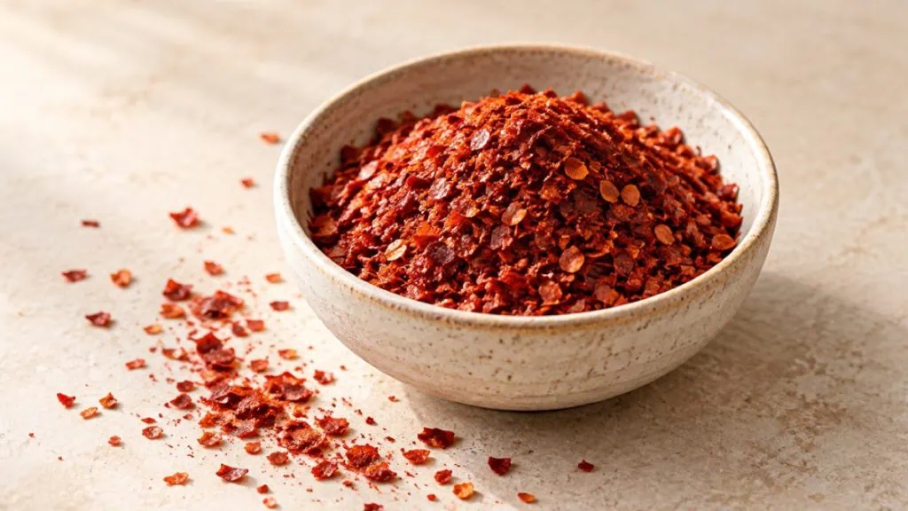 Flocons de piment rouge coréen gochugaru dans un bol en grès