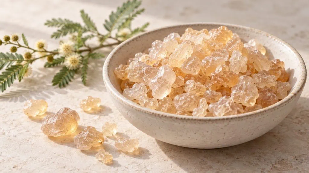 Cristaux translucides de gomme arabique naturelle dans un bol