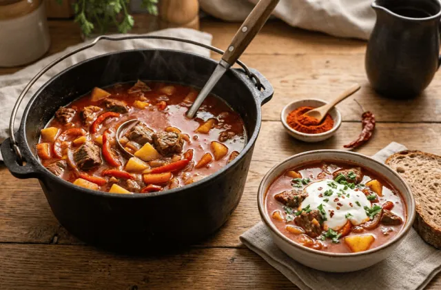 Goulash hongrois en marmite de fonte, bœuf au paprika, pommes de terre et poivrons, bol servi avec crème aigre