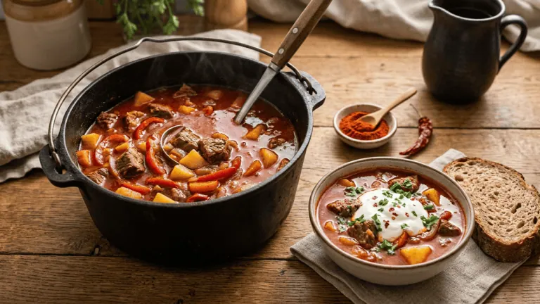 Goulash hongrois en marmite de fonte, bœuf au paprika, pommes de terre et poivrons, bol servi avec crème aigre