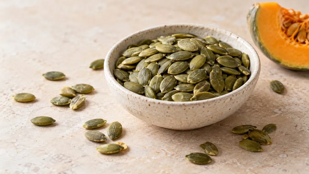 Graines de courge décortiquées vert olive dans une coupelle