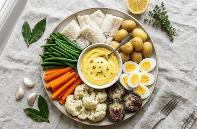 Grand aïoli maison à la morue : plat de morue pochée, légumes et œufs durs autour d’un bol d’aïoli
