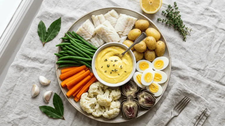 Grand aïoli maison à la morue : plat de morue pochée, légumes et œufs durs autour d’un bol d’aïoli
