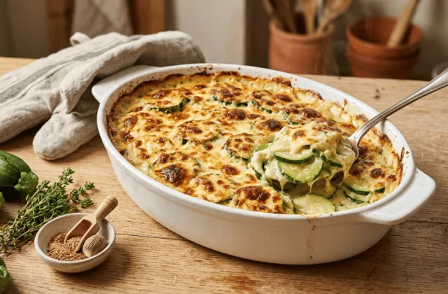 Gratin de courgettes à la béchamel doré et bouillonnant dans un plat ovale, cuillère de service, courgettes et thym