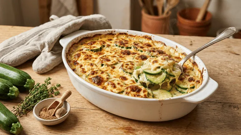 Gratin de courgettes à la béchamel doré et bouillonnant dans un plat ovale, cuillère de service, courgettes et thym