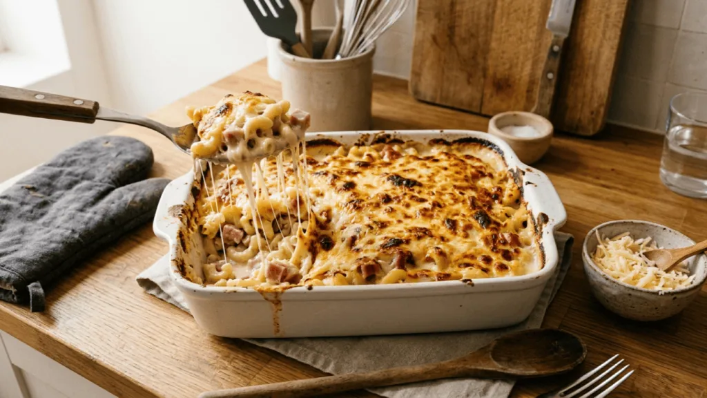 Gratin de pâtes au jambon gratiné à l’emmental dans un plat, cuillère soulevant une portion filante