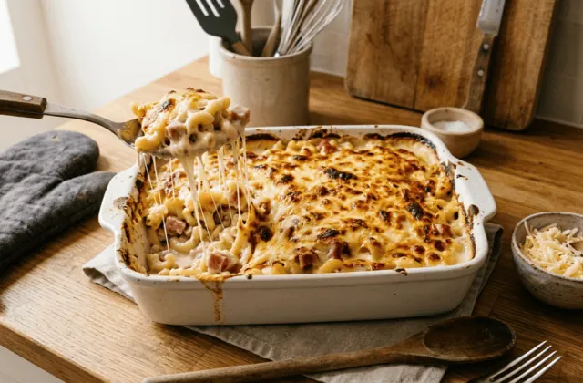 Gratin de pâtes au jambon gratiné à l’emmental dans un plat, cuillère soulevant une portion filante
