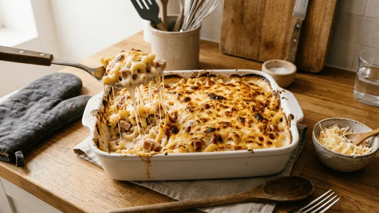 Gratin de pâtes au jambon gratiné à l’emmental dans un plat, cuillère soulevant une portion filante