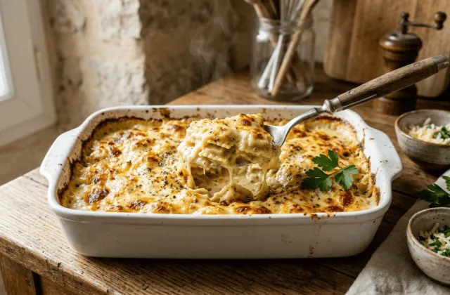 Gratin de ravioles du Dauphiné doré dans un plat, cuillère soulevant une portion crémeuse de petites ravioles