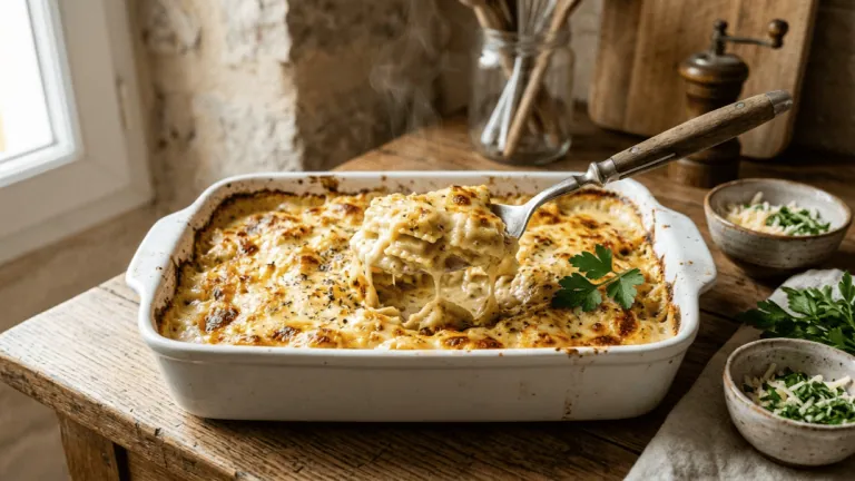Gratin de ravioles du Dauphiné doré dans un plat, cuillère soulevant une portion crémeuse de petites ravioles