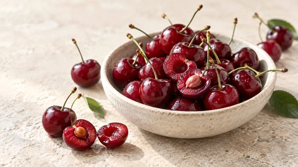 Griottes fraîches rouge sombre avec quelques fruits coupés