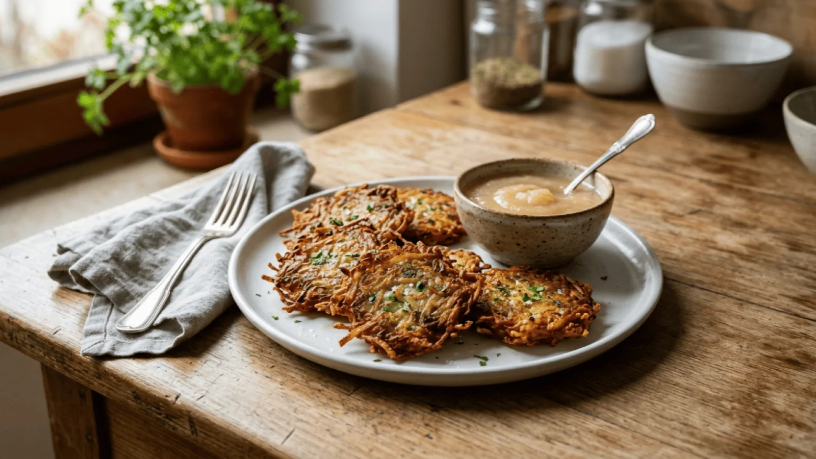 Gromperekichelcher dorés et croustillants servis avec de la compote de pommes