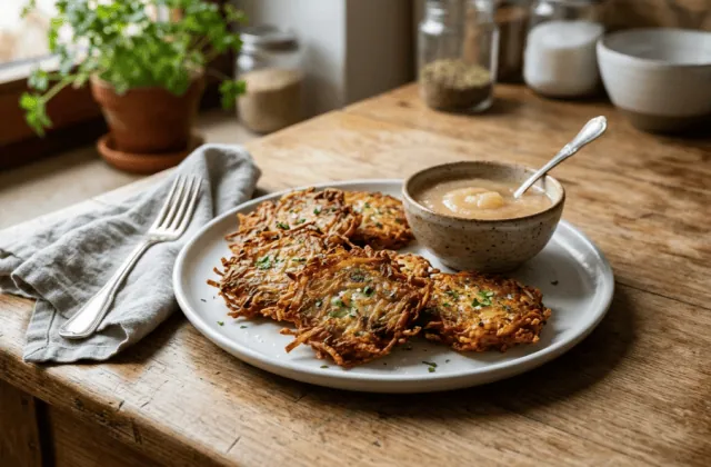 Gromperekichelcher dorés et croustillants servis avec de la compote de pommes
