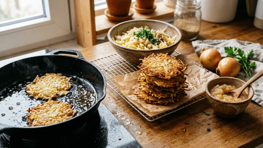Gromperekichelcher maison : galettes de pommes de terre râpées dorées et croustillantes, poêle, compote de pommes