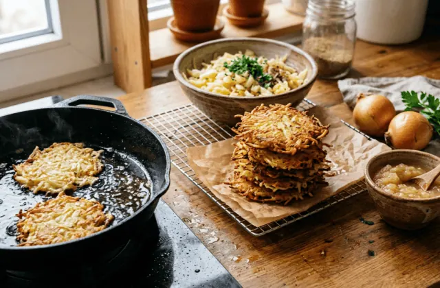 Gromperekichelcher maison : galettes de pommes de terre râpées dorées et croustillantes, poêle, compote de pommes