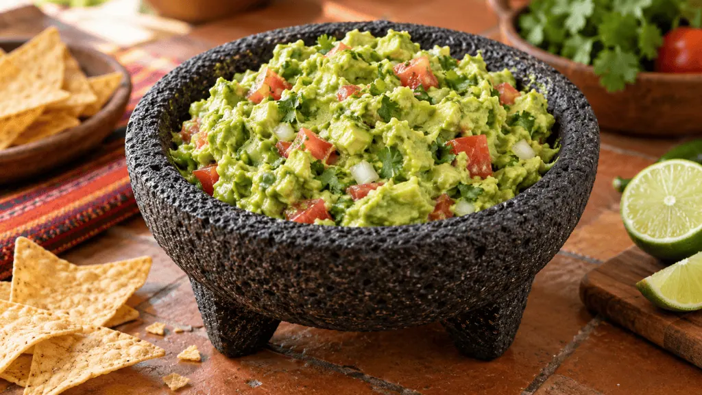Guacamole mexicain traditionnel servi dans un molcajete en pierre