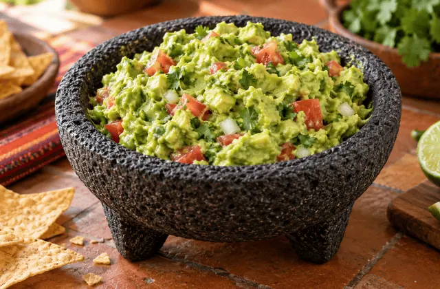 Guacamole mexicain traditionnel servi dans un molcajete en pierre