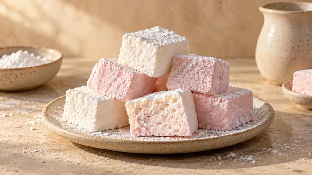 Cubes de guimauve blanche et rose poudrés de sucre