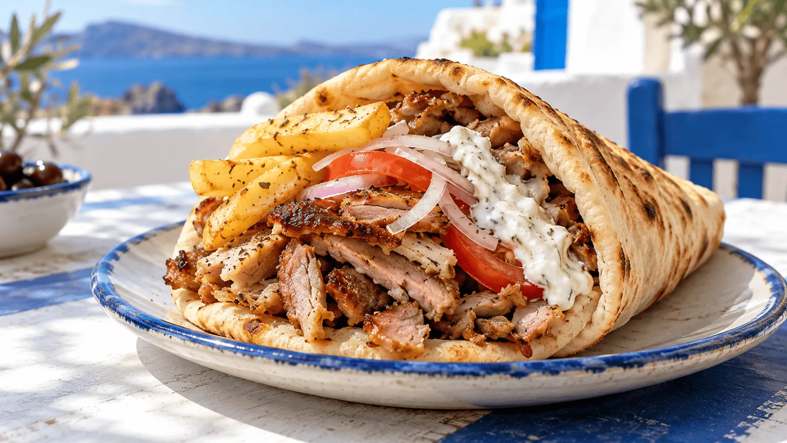 Gyros grec au porc dans une pita avec tomate, oignon, tzatziki et frites