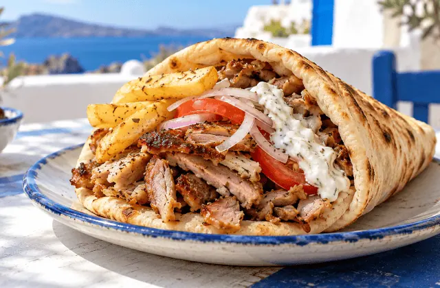 Gyros grec au porc dans une pita avec tomate, oignon, tzatziki et frites
