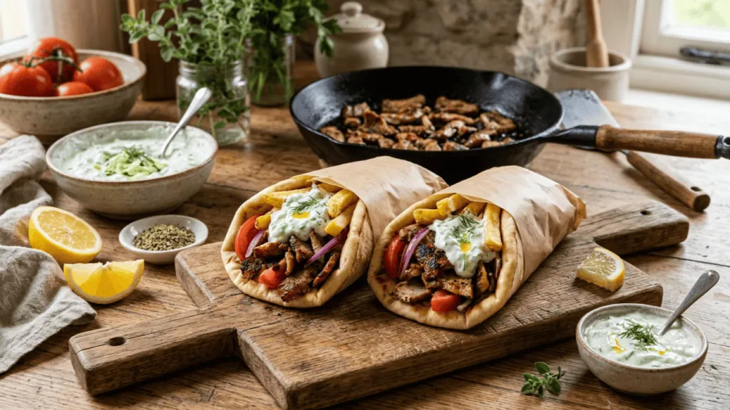 Gyros pita maison garnis de porc mariné grillé, tomate, oignon rouge, frites et tzatziki, poêle de viande à côté