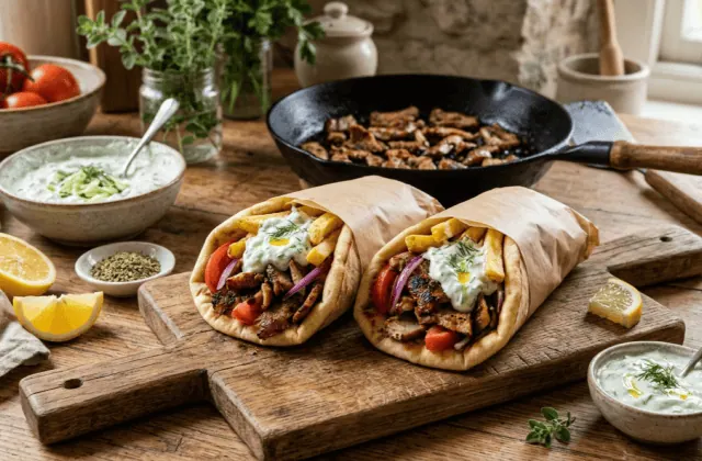 Gyros pita maison garnis de porc mariné grillé, tomate, oignon rouge, frites et tzatziki, poêle de viande à côté