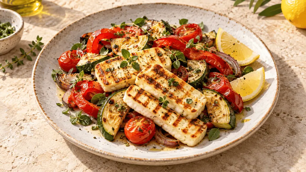 Halloumi grillé avec courgettes, poivrons, tomates et citron